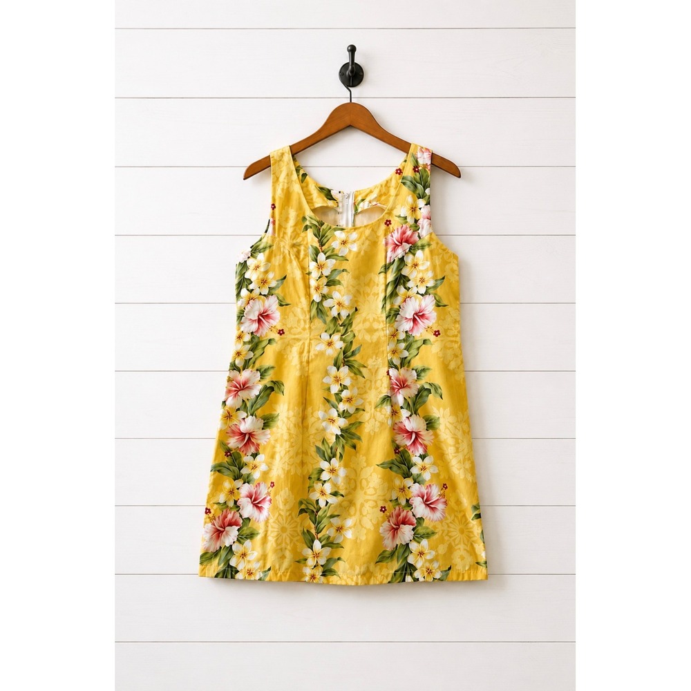 Hawaiian‎ Tropical Floral Dress Yellow Hibiscus Plumeria Cotton Shift Dress M/L